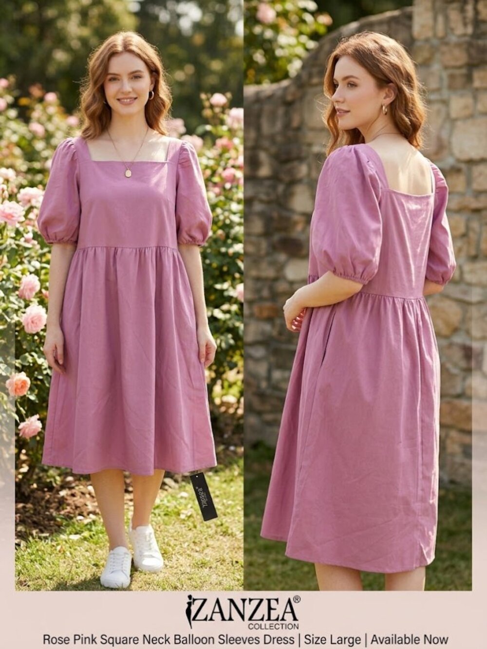 Zanzea Rose Pink Square Neck Balloon Sleeve Midi Dress Size Large NEW